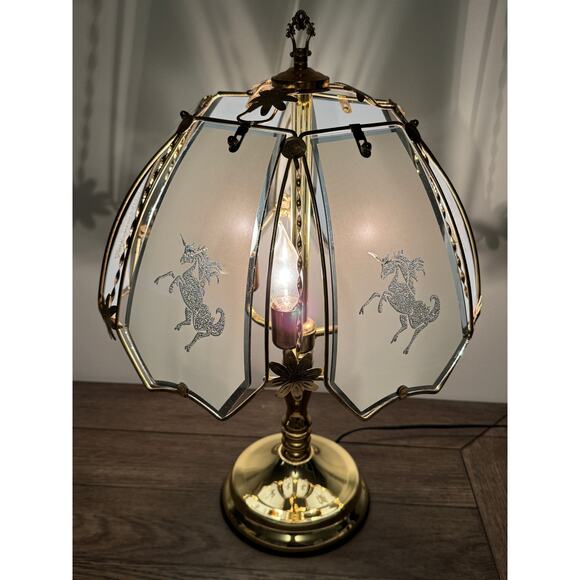 Vintage Unicorn Etched Glass Touch Lamp – Brass Base - Picture 2 of 2